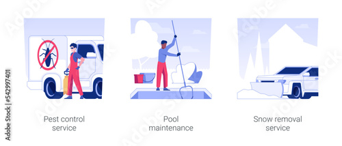 Private house maintenance isolated concept vector illustration set. Pest control, pool maintenance, snow removal service, mold removal, snow blower, cleaning and disinfection vector cartoon.