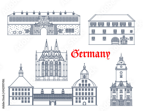 Germany, Gotha, Muhlhausen and Erfurt buildings, vector architecture landmarks. Germany Thuringia buildings Rathaus town hall, Divi Blasii church, Petersberg Citadel fortress and Friedenstein Palace photo