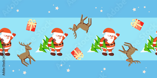 Christmas seamless border Santa Claus, gift and deer on blue dackground with stars.
