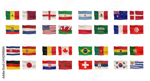 flags of qualified countries to FIFA world cup 2022 in Qatar football cup 3d-rendering