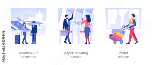 First class travel isolated concept vector illustration set. Meeting VIP passenger, airport meeting service, porter service, passenger exits the plane, business travel vector cartoon.