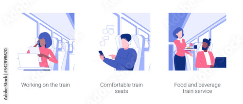 Business travel by high-speed train isolated concept vector illustration set. Working on the train, comfortable seats, food and beverage service, wifi connection in transport vector cartoon.
