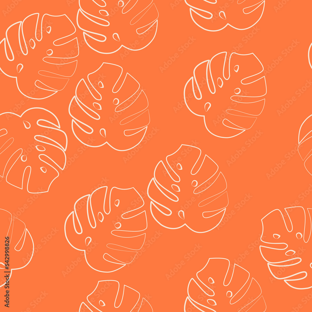 Vector. Minimalism autumn seamless pattern in pastel colors, with monstera leaves in a linear style and abstract shapes. Modern minimalist mobile wallpaper for social media stories, branding, covers.