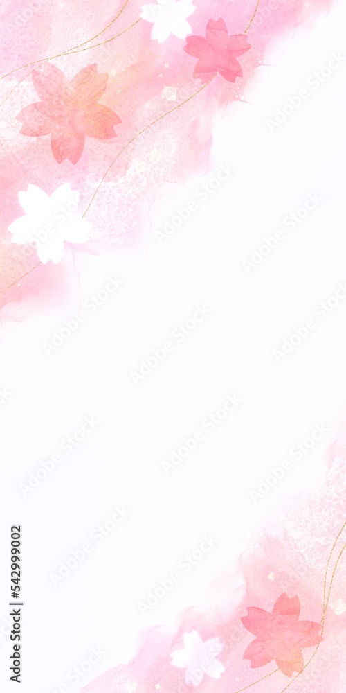 春の白背景和風縦長テンプレート）アルコールインクの波とマーブル柄の桜の花柄と金色グリッター