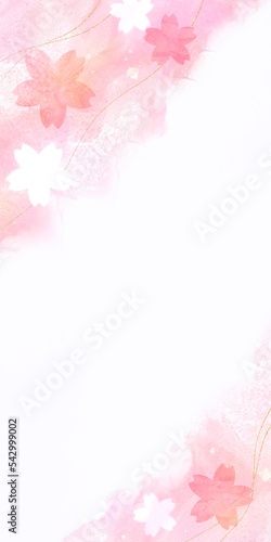 Fototapeta Naklejka Na Ścianę i Meble -  春の白背景和風縦長テンプレート）アルコールインクの波とマーブル柄の桜の花柄と金色グリッター