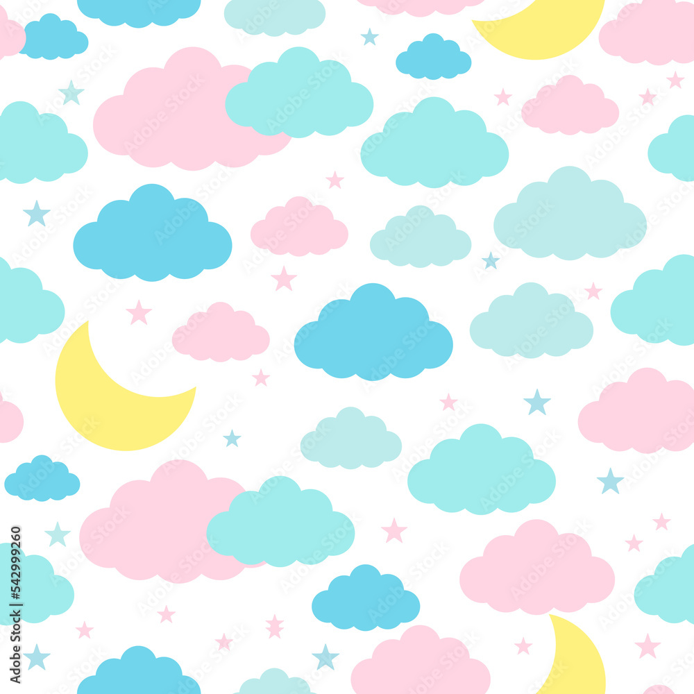 Moon, clouds and stars in pastel colors seamless patterns Moon, clouds and stars in pastel colors seamless patterns