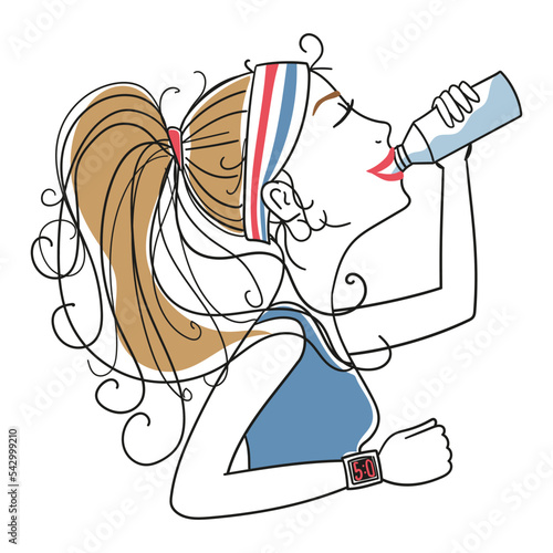Illustration of a girl drinking water while running