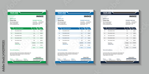 Corporate business invoice and customer cash memo design template. business bill from the price invoice template. business payment agreement and Quotation design with 3 colors.