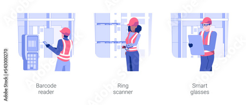 Warehouse automation isolated concept vector illustration set. Barcode reader, ring scanner, smart glasses, smart inventory technologies, identify products in stock vector cartoon.