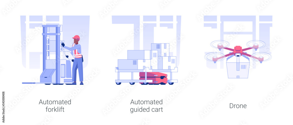 Automated guided vehicles isolated concept vector illustration set. Automated forklift, self-driving cart, drone use in wholesale and warehousing business, goods transportation vector cartoon.