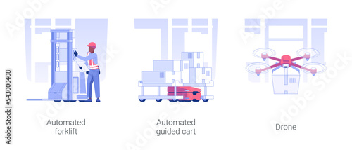 Automated guided vehicles isolated concept vector illustration set. Automated forklift, self-driving cart, drone use in wholesale and warehousing business, goods transportation vector cartoon.