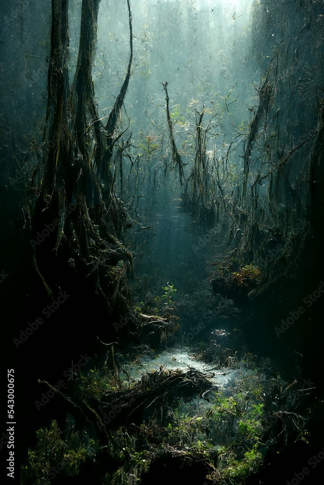 dark and spooky swamp on Blurred background, unrealistic natural landscape Illustration