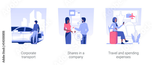 Financial benefits for company workers isolated concept vector illustration set. Corporate transport, shares in a company, travel and spending expenses, business trip, company rules vector cartoon.