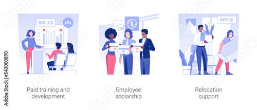 Employee education isolated concept vector illustration set. Paid training and development, employee scolarship, relocation support, tuition assistance program, loan payment vector cartoon.