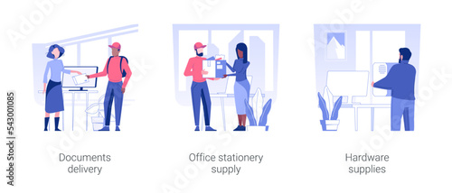Office supplies isolated concept vector illustration set. Documents courier delivery, office stationery supply, hardware supplies, parcels and envelopes, gadget maintenance service vector cartoon.