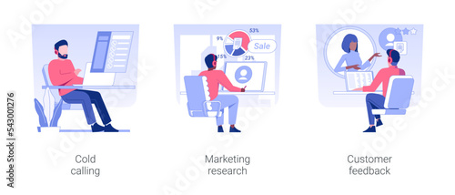 Call center isolated concept vector illustration set. Cold calling in sales, marketing research, customer feedback, call center worker with headset, customer complaints vector cartoon.