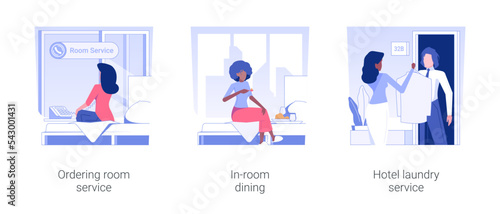 Business accommodation facilities isolated concept vector illustration set. Ordering room service, in-room dining, hotel laundry service, dry cleaning and ironing clothes vector cartoon.