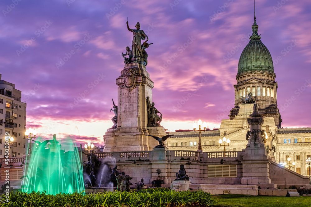 Obraz premium Cityscape of the Buenos Aires - Congreso square (Congress in english) at sunset with dramatic sky - Argentina