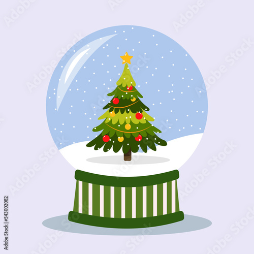 Christmas snowball globe with New Year tree and snowflakes inside. Vector snowglobe for cards, patterns, wrapping paper, greeting cards.