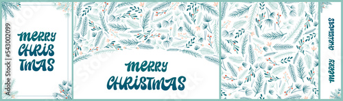 Set of Christmas greeting cards, banners, posters, seamless patter design. Lettering quote 'Merry Chrsitmas ' decorated with branches and berries on white background. EPS 10