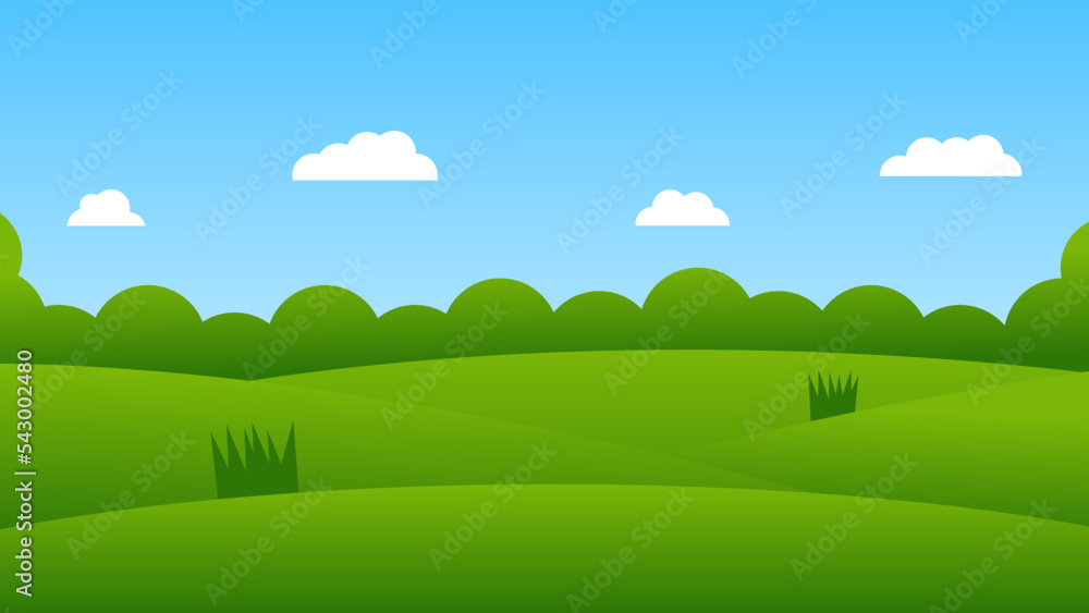landscape cartoon scene with green hills and white cloud in summer blue sky background landscape cartoon scene with green hills and white cloud in summer blue sky background