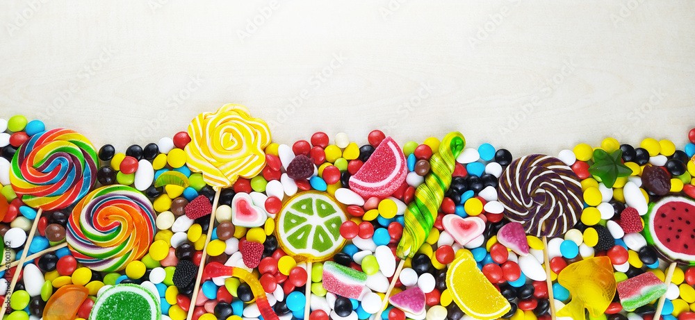 colorful candies and lollipops.Background with spaces