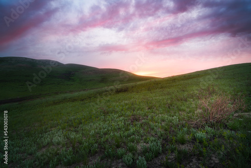 View of the hills and mountains covered by green grass under purple cloudy sky lightened by rising sun