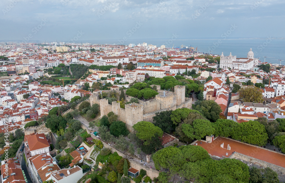 Saint George's Castle in Lisbon, Portugal. Drone Point of View