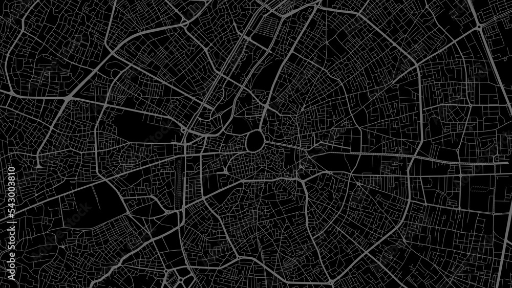 Dark black Konya city area vector background map, roads and water illustration. Widescreen proportion, digital flat design.