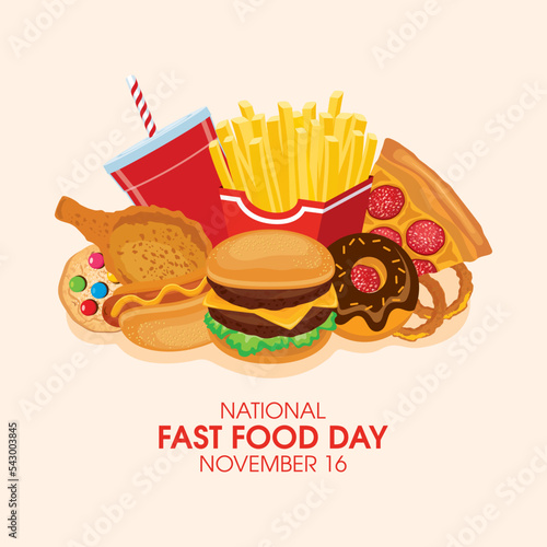 National Fast Food Day poster with pile of junk food vector. Pile of unhealthy fried and sugary food still life icon vector. Group of junk food drawing. November 16. Important day