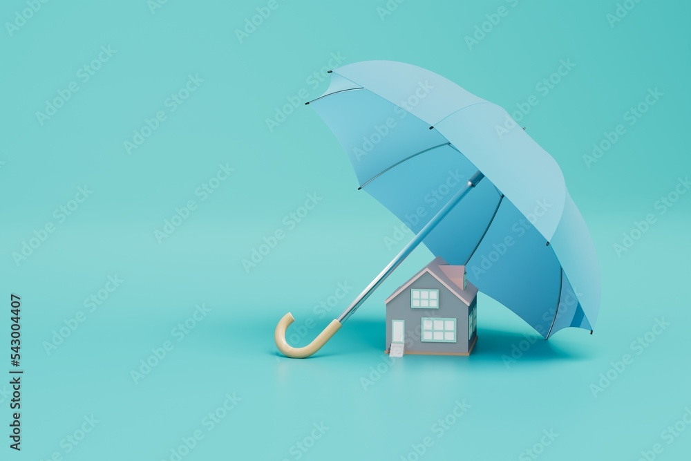 obtaining home insurance. an umbrella under which the house is on a turquoise background. copy paste. 3D render - obrazy, fototapety, plakaty 