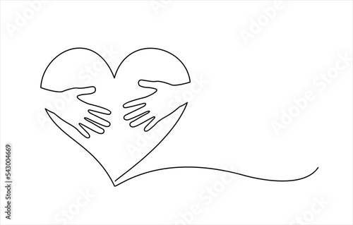 continuous line drawing of hand hugging heart, hug. Vector