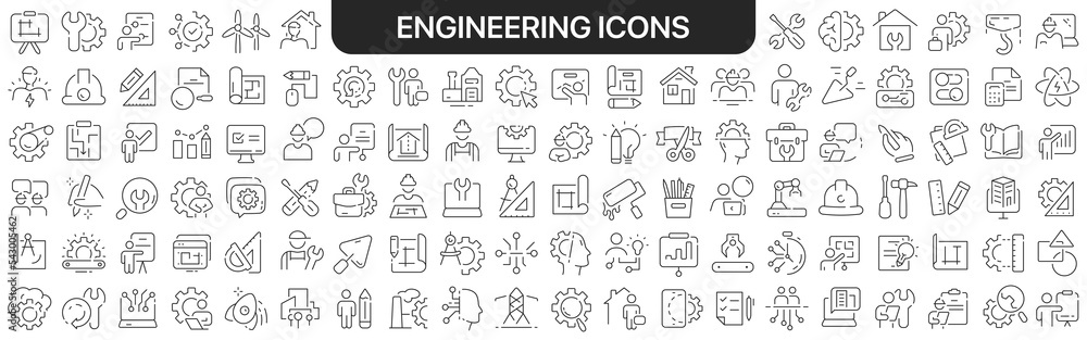 Engineering icons collection in black. Icons big set for design. Vector linear icons Engineering icons collection in black. Icons big set for design. Vector linear icons