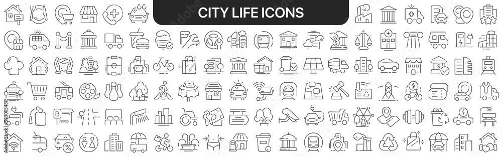 City life icons collection in black. Icons big set for design. Vector linear icons City life icons collection in black. Icons big set for design. Vector linear icons