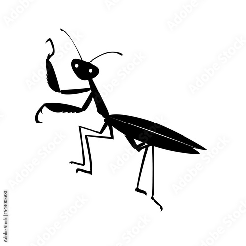 Black and white cartoon illustration of mantis insect, praying mantis, cute