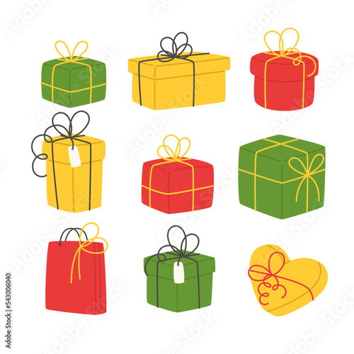 Christmas gift boxes with ribbons in flat style