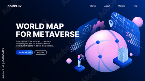 World Map for Metaverse. Metaworld. Web Landing Page Template. Vector illustration