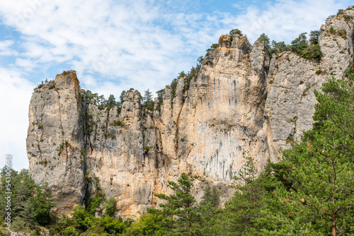 Big cliff from hiking trail on the corniches of Causse Mejean above the Tarn Gorges. photo