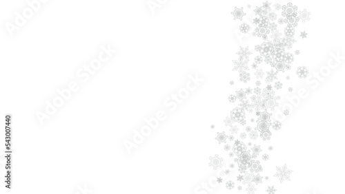 Snowflakes falling on white background. Horizontal Christmas and Happy New Year theme. Silver falling snowflakes for banner, gift card, party invitation, partner compliment and special business offers