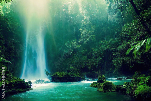 waterfall in the jungle, beautiful rainbow in the mist, forest landscape background