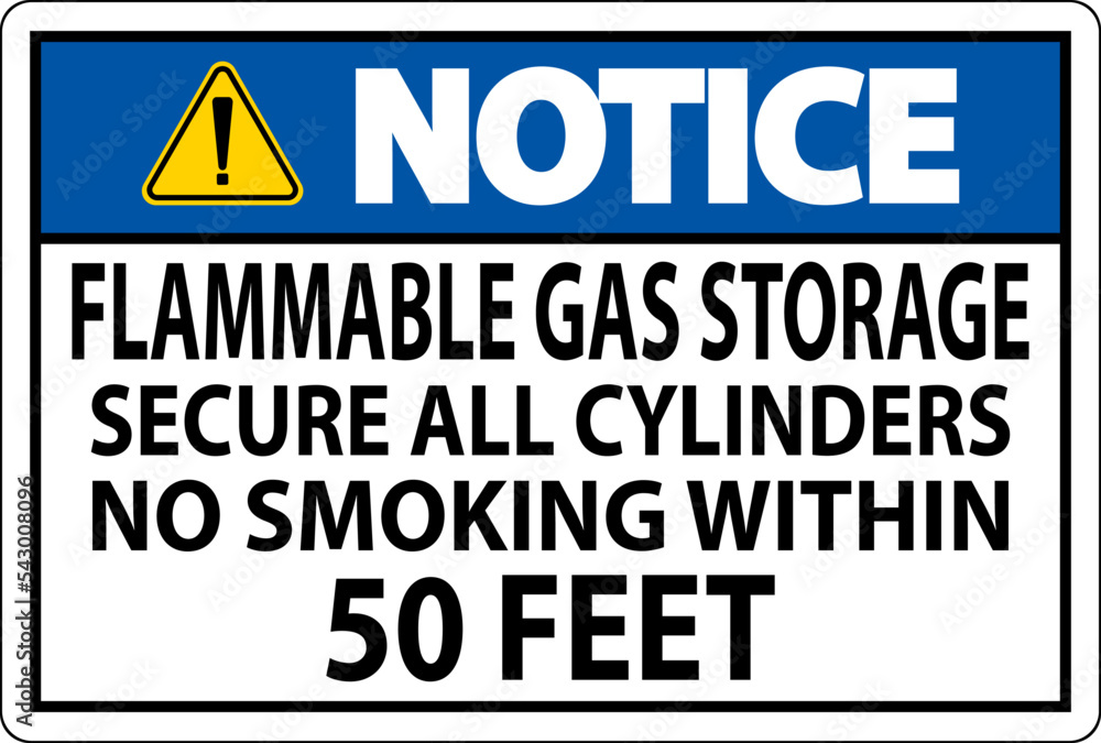 Notice Sign Flammable Gas Storage, Secure All Cylinders, No Smoking Within 50 Feet