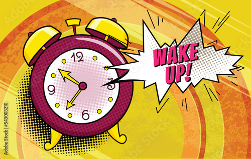 Comic alarm clock. Pop art colorful and dynamic cartoonish icon in retro style. Vector bright cartoon object with halftone dots shadow and expression wake up in speech bubble