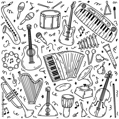 Hand drawn doodle musical instruments. Vector sketch illustration set, black outline art collection for web design, icon, print, coloring page