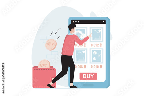NFT token concept with people scene in flat design. Man choosing unique digital paintings with non fungible token and buying by cryptocurrency. Vector illustration with character situation for web