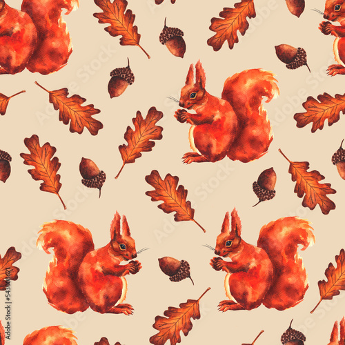 Watercolor squirrel , acorns and oac autumn leaves seamless pattern. Forest animals, wildlife squirrel illustration. Hand drawind squirrels background. photo
