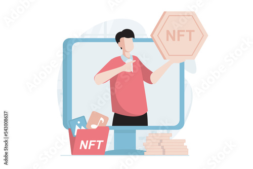 NFT token concept with people scene in flat design. Man trading digital content at virtual auction and marketplace and selling artworks online. Vector illustration with character situation for web