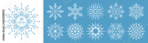 snowflake line icons on blue and white background