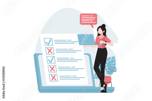 Online survey concept with people scene in flat design. Woman marking answers in questionnaire, fills voting form, leaving her user experience. Vector illustration with character situation for web