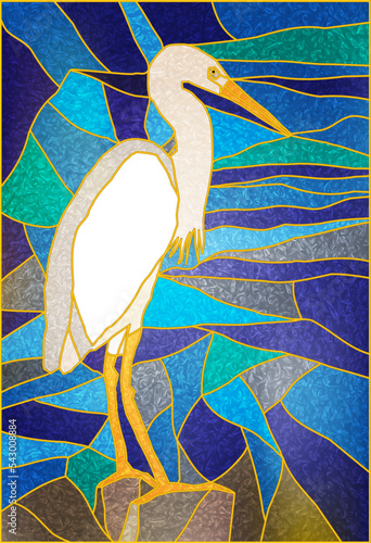 Stained glass Window. Tiffany stained glass for the interiors.Vector composition of white herons on the water. For ArchiCAD, interiors, design. Egret on water. Leaded pane. 
