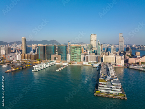 Drone fly over Hong Kong city in Kowloon side